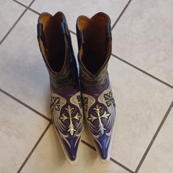 Aguila Real Botas Vaquera Boot leather Point toe western silver cross purple - Picture 3 of 16